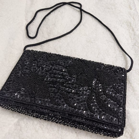 Handbags - VTG Black Beaded & Sequin Evening Purse